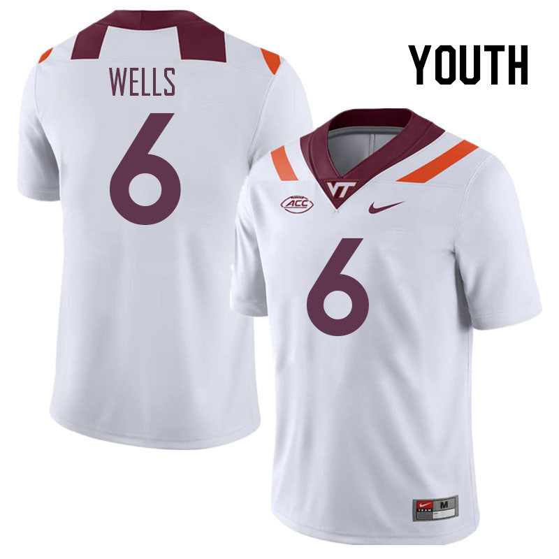 Youth #6 Grant Wells Virginia Tech Hokies College Football Jerseys Stitched Sale-White - Click Image to Close